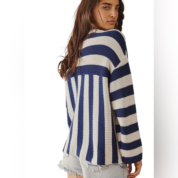 Free People navy Blue & Cream high Tide Striped Cardigan oversized cotton sz xs - Picture 4 of 14